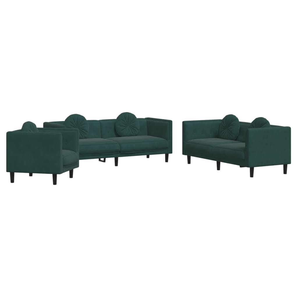 vidaXL 3 pcs conjunto de sofás com almofadas veludo verde-escuro