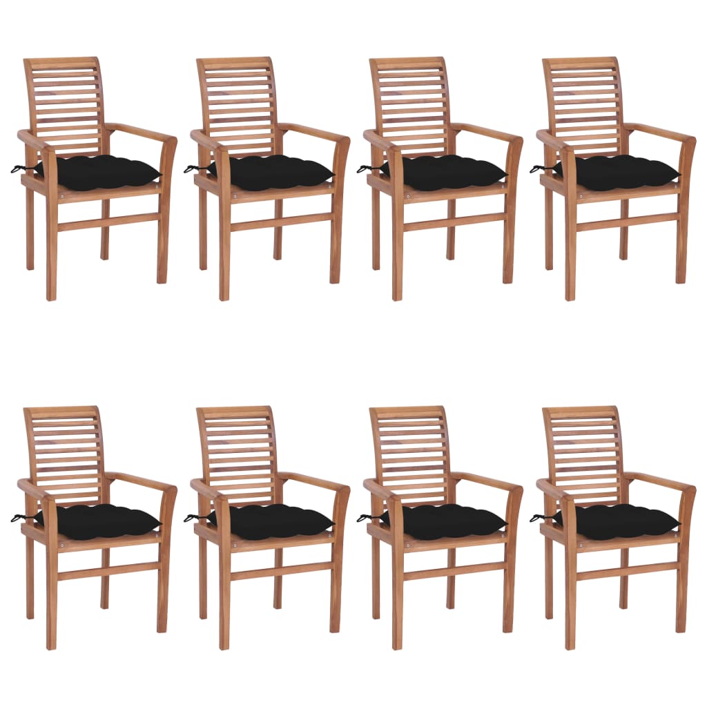 vidaXL Cadeiras de jantar 8 pcs c/ almofadões pretos teca maciça