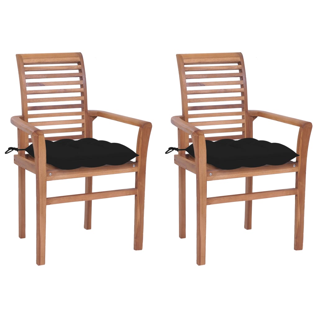 vidaXL Cadeiras de jantar c/ almofadões pretos 2 pcs teca maciça