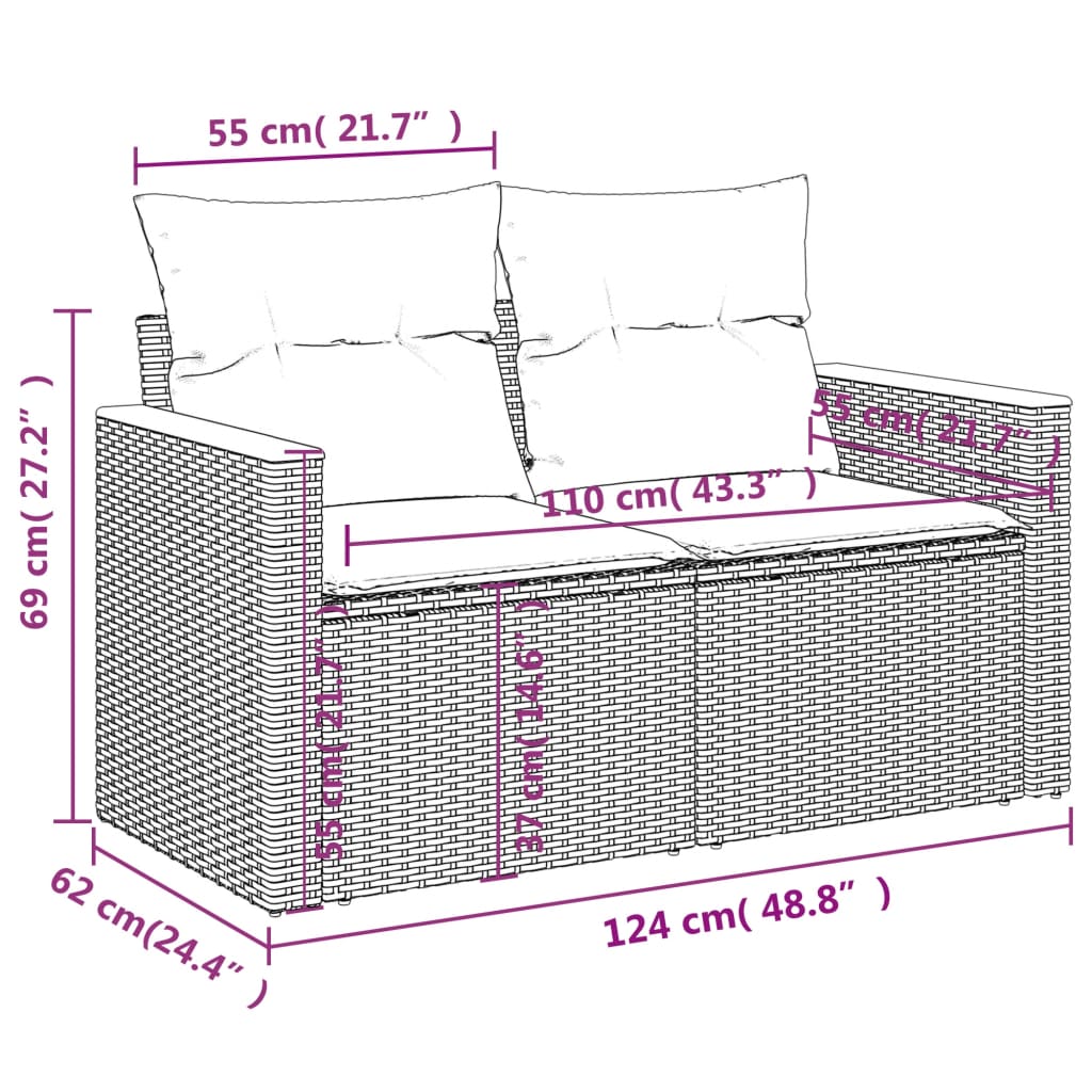vidaXL 3 pcs conjunto de sofás p/ jardim com almofadões vime PE bege