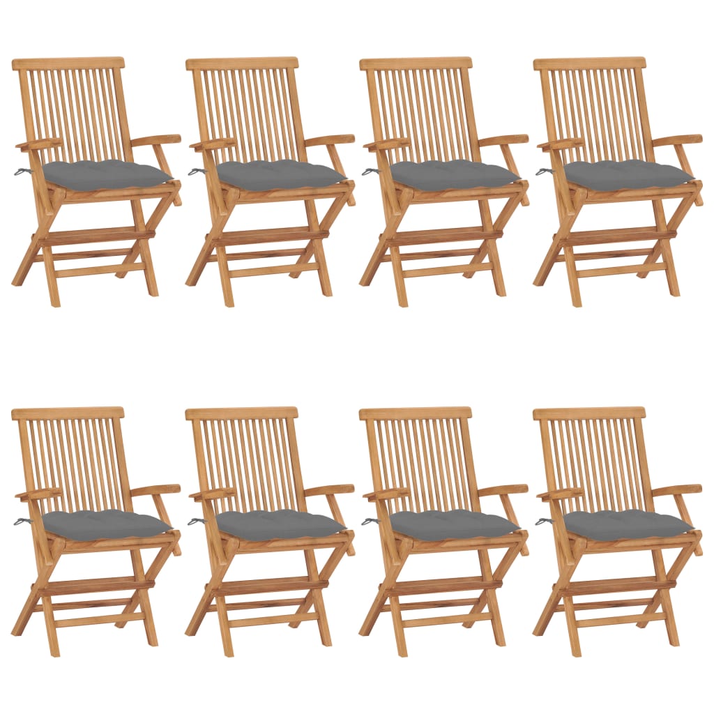 vidaXL Cadeiras de jardim c/ almofadões cinzentos 8 pcs teca maciça
