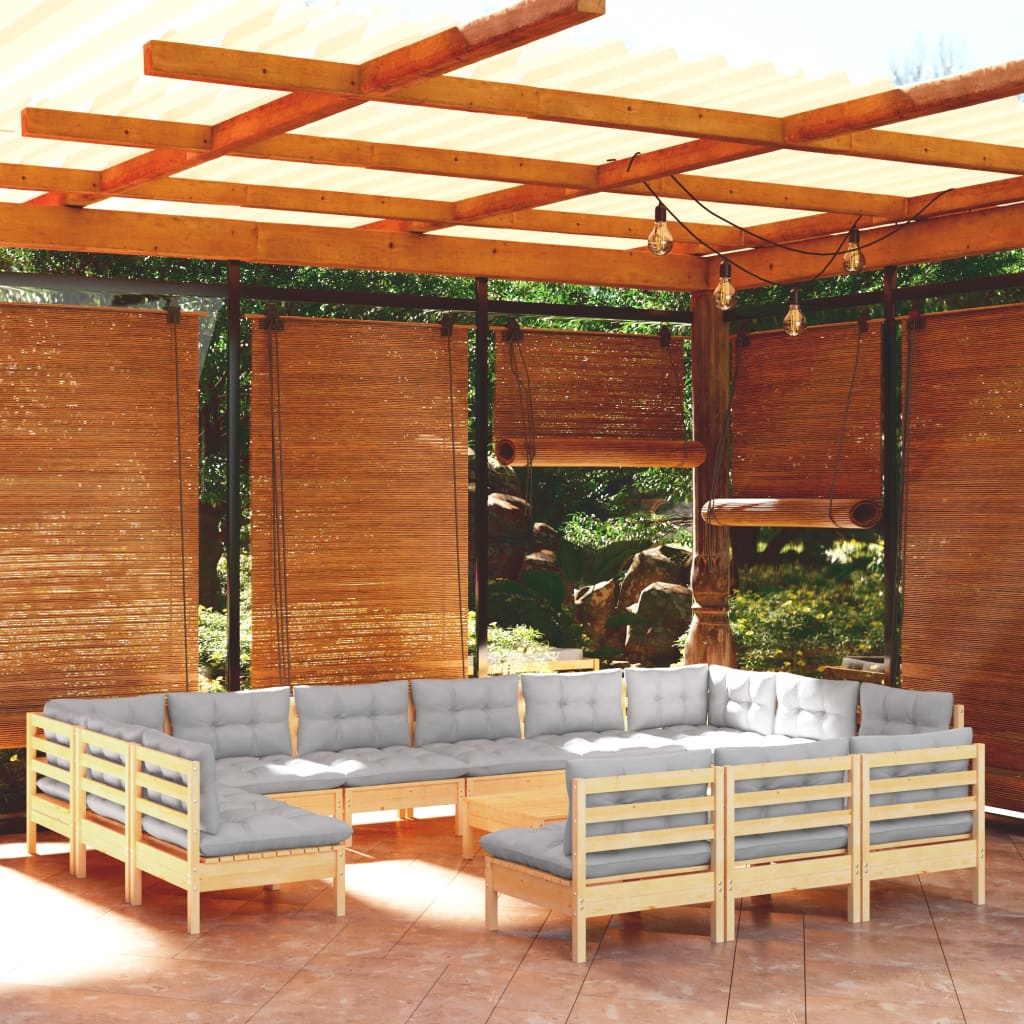 vidaXL 14pcs conjunto lounge de jardim + almofadões cinza pinho maciço