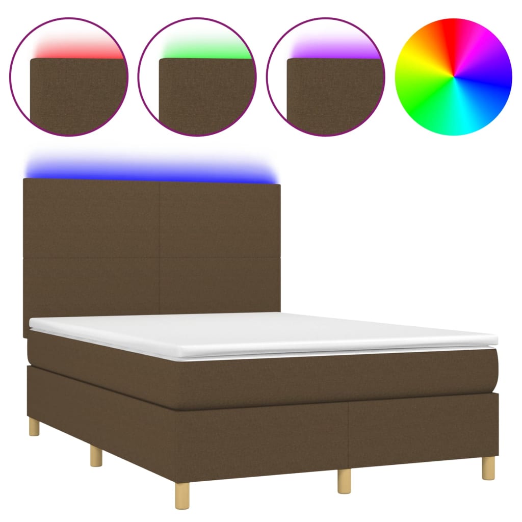 vidaXL Cama box spring c/ colchão/LED 140x200cm tecido castanho-escuro