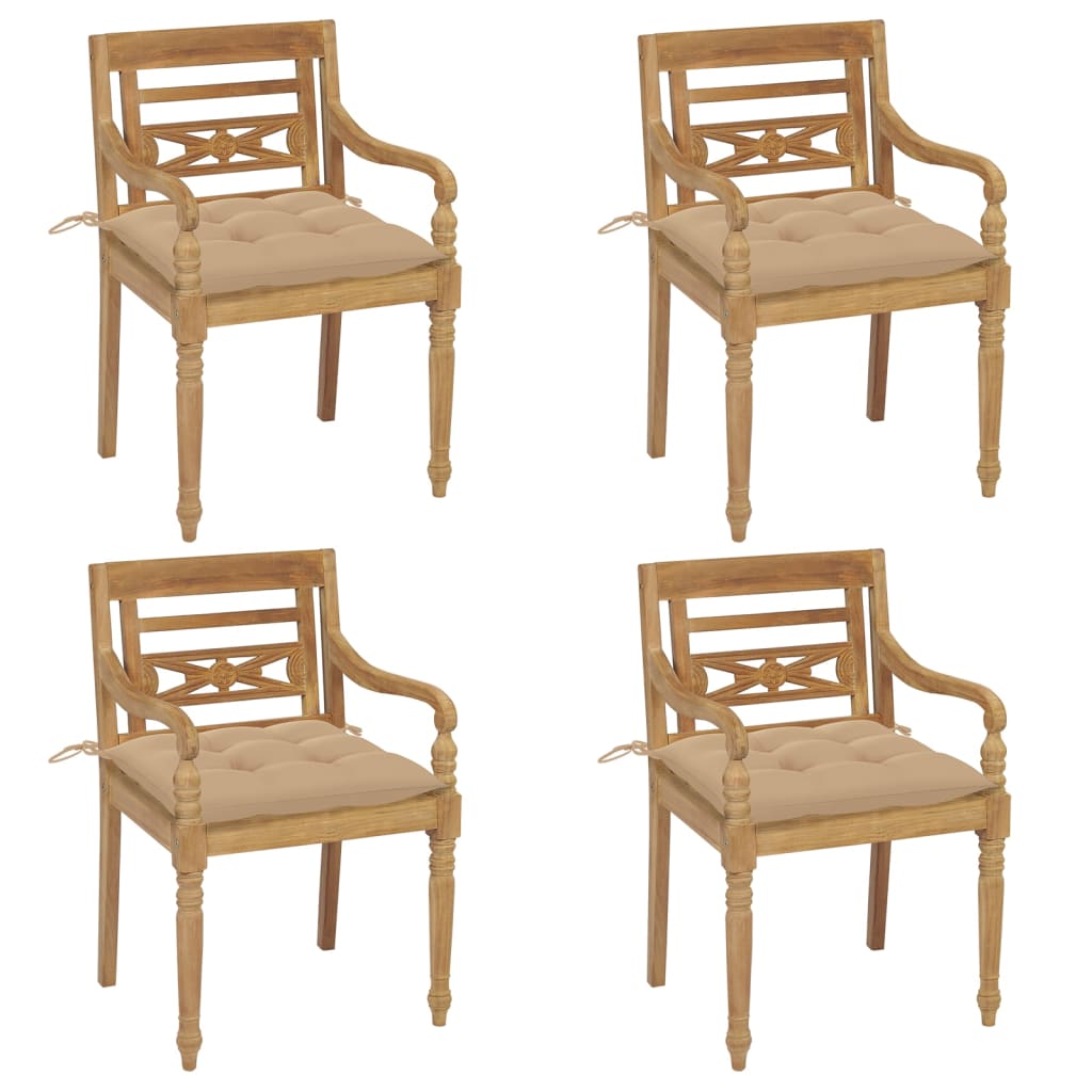 vidaXL Cadeiras Batávia com almofadões 4 pcs madeira de teca maciça