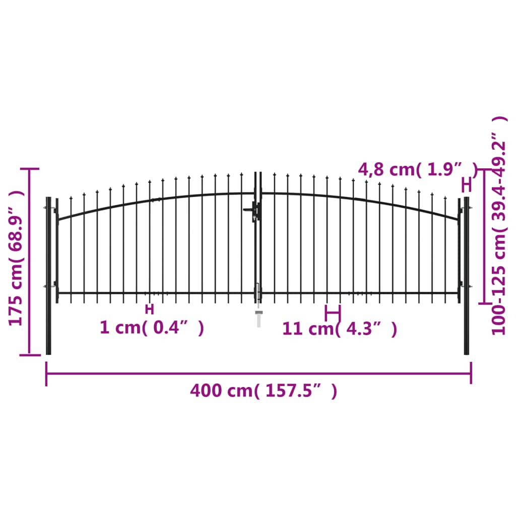 vidaXL Portão de cerca com porta dupla e topo em lanças 400x175 cm