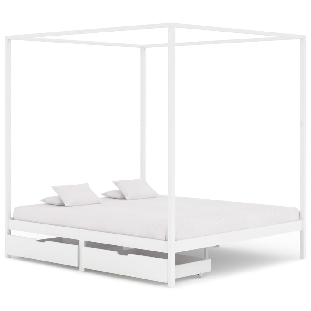 vidaXL Estrutura cama dossel 2 gavetas 180x200cm pinho maciço branco