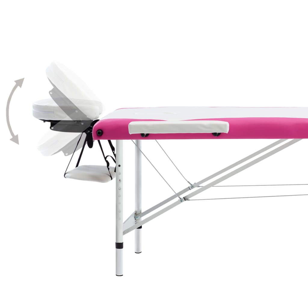 vidaXL Mesa de massagem dobrável 3 zonas alumínio branco e rosa