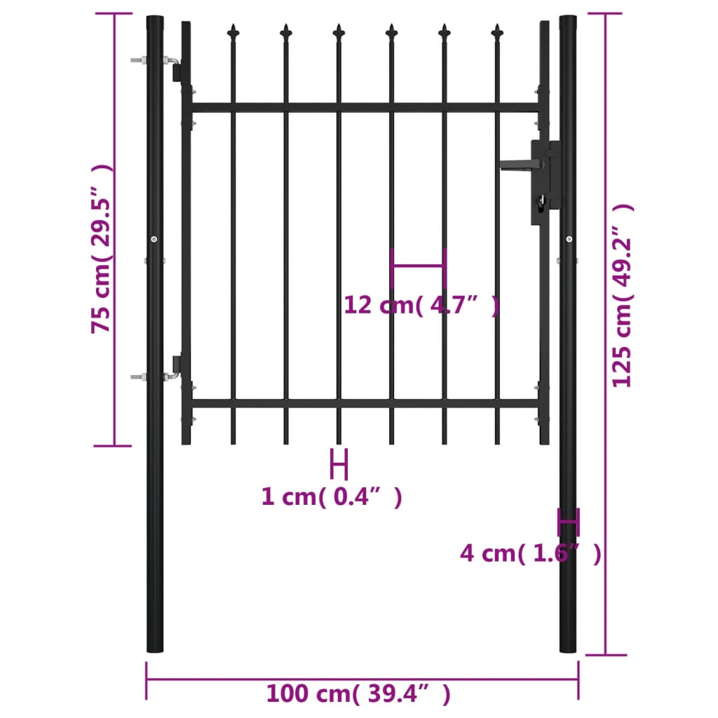 vidaXL Portão de cerca com topo em lanças 100x75 cm