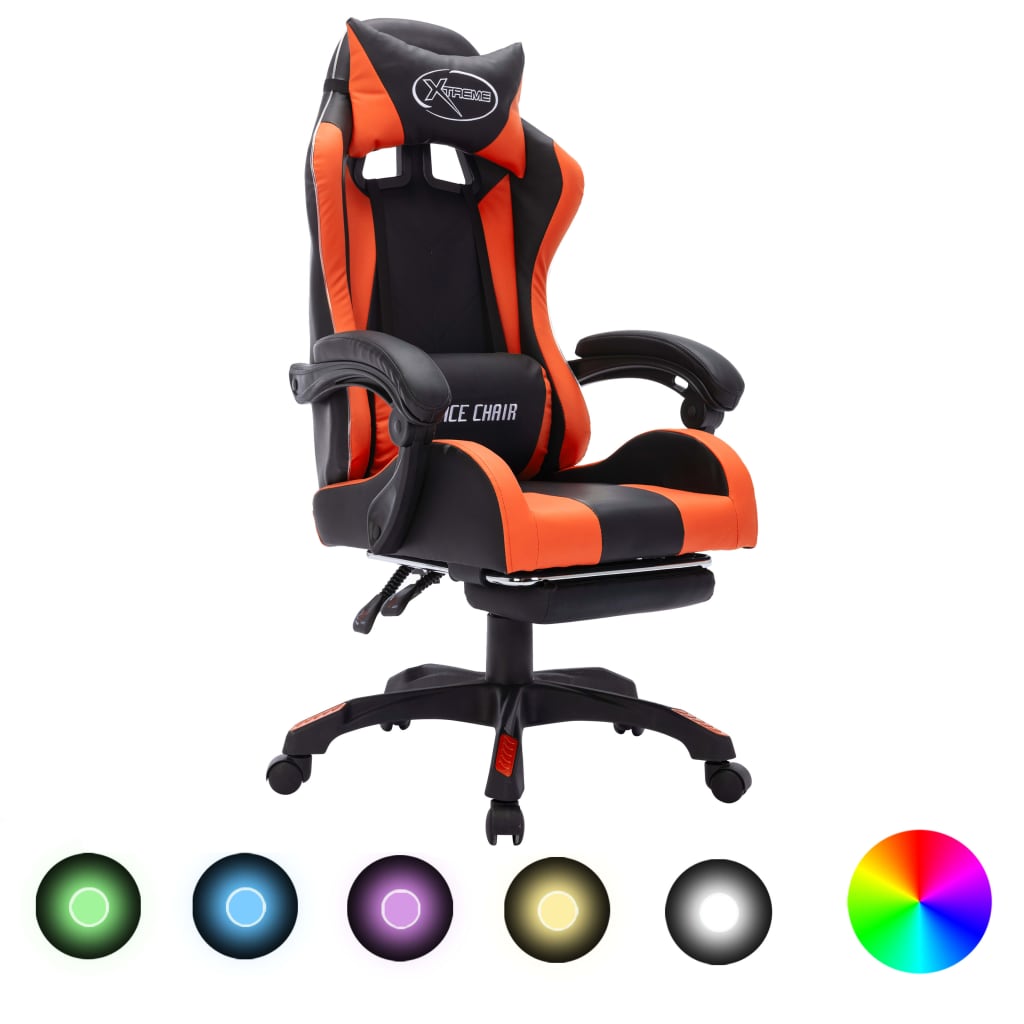 vidaXL Cadeira estilo corrida luzes LED RGB couro artif. laranja/preto