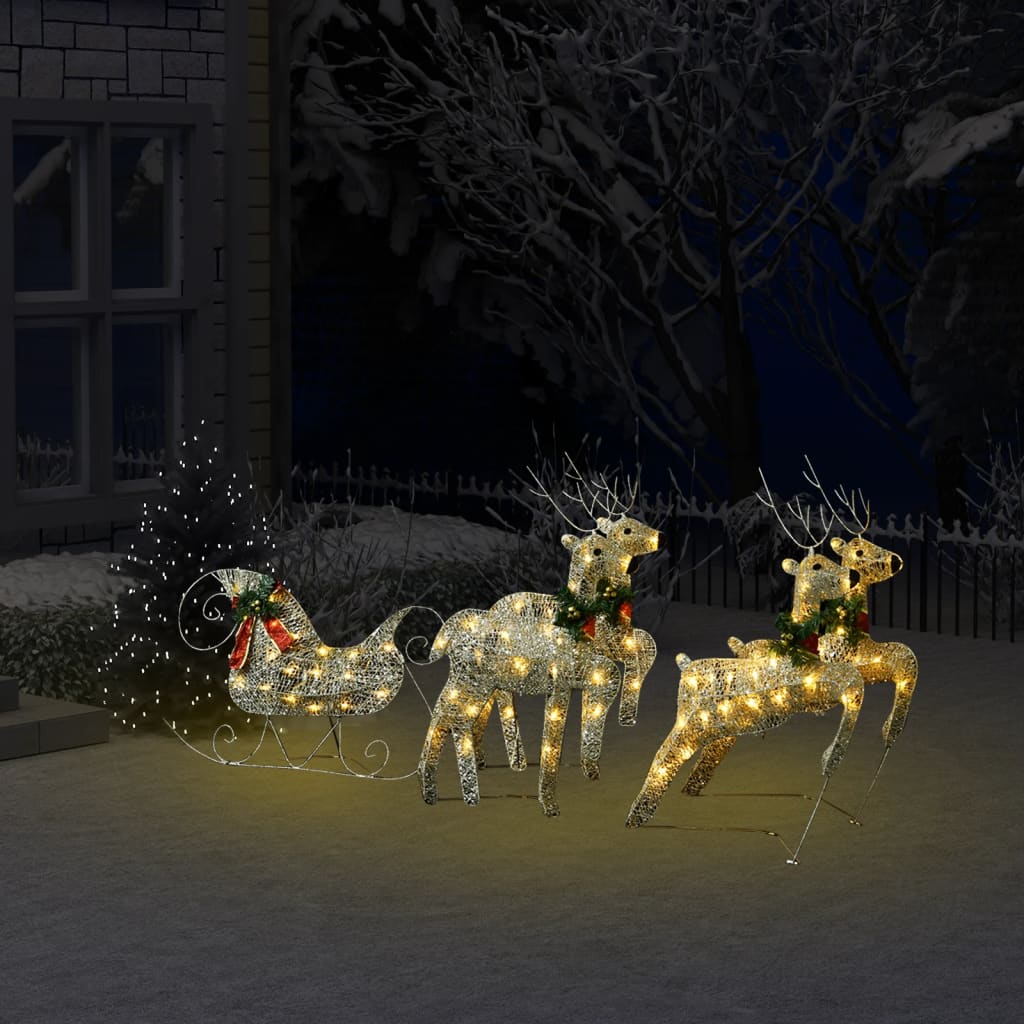 vidaXL Decoração Natal renas/trenó de exterior 100 luzes LED dourado