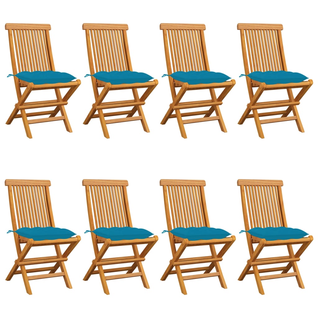 vidaXL Cadeiras de jardim c/ almofadões azul-claro 8 pcs teca maciça