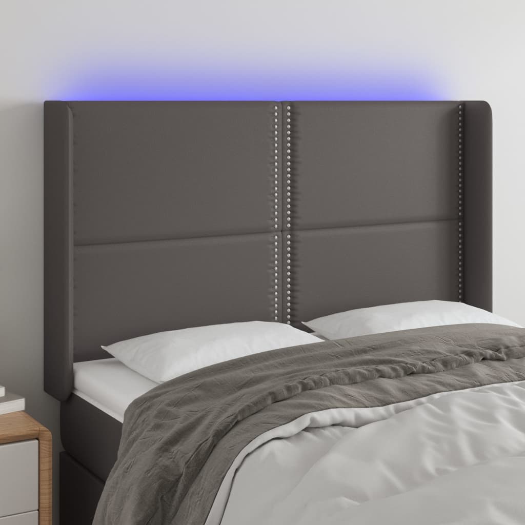vidaXL Cabeceira cama c/ LED couro artif. 147x16x118/128 cm cinzento