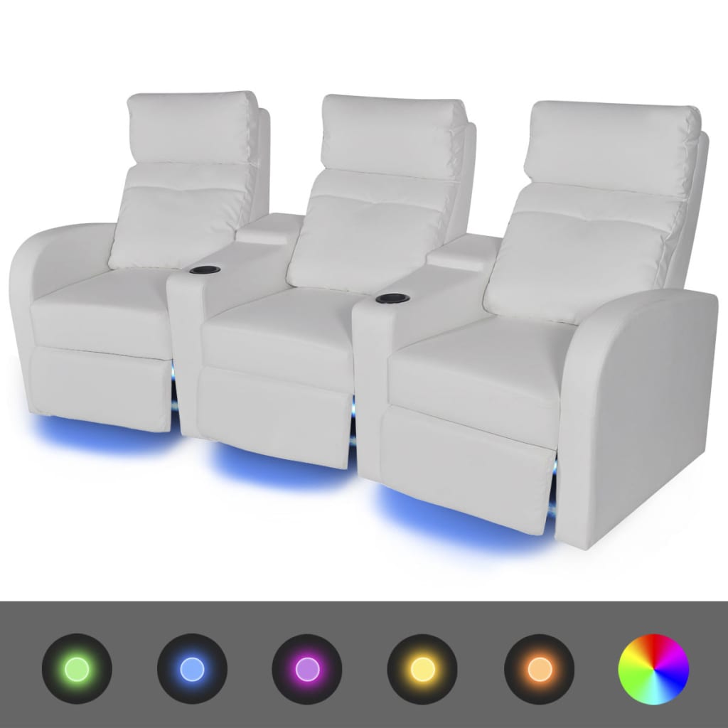 vidaXL Poltrona reclinável LED 3 lugares, couro artificial, branco