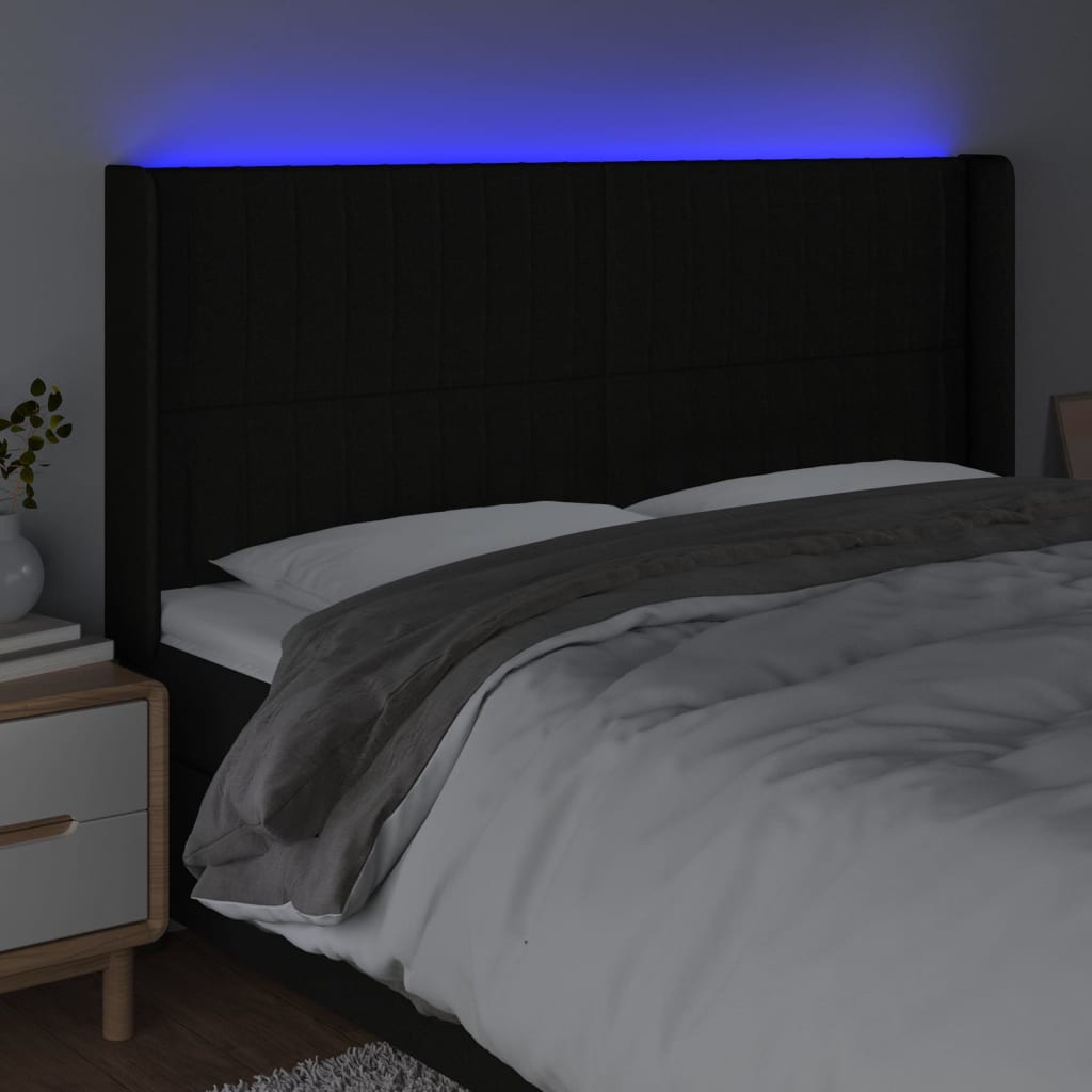 vidaXL Cabeceira de cama c/ luzes LED tecido 163x16x118/128 cm preto