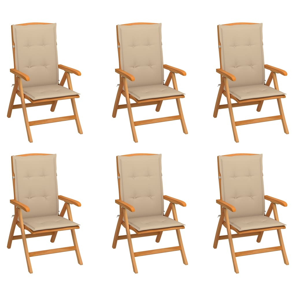 vidaXL Cadeiras de jardim reclináveis c/ almofadões 6 pcs teca maciça