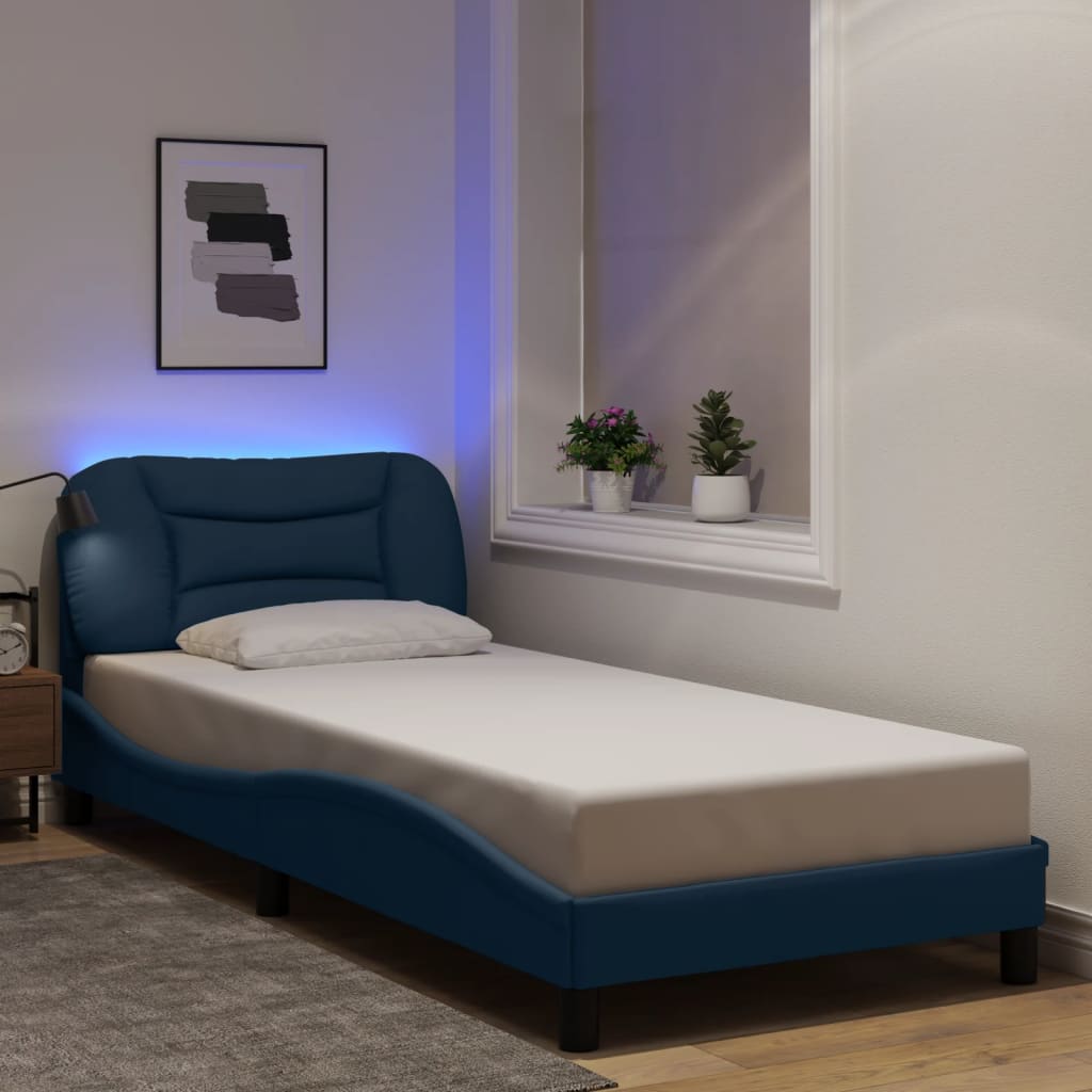 vidaXL Estrutura de cama c/ luzes LED 90x200 cm tecido azul