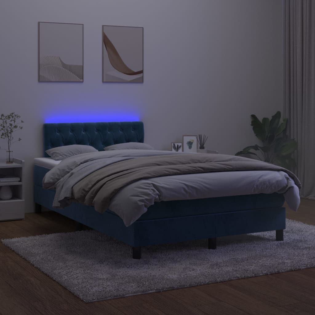 vidaXL Cama box spring colchão LED 120x190cm couro artif. azul-escuro