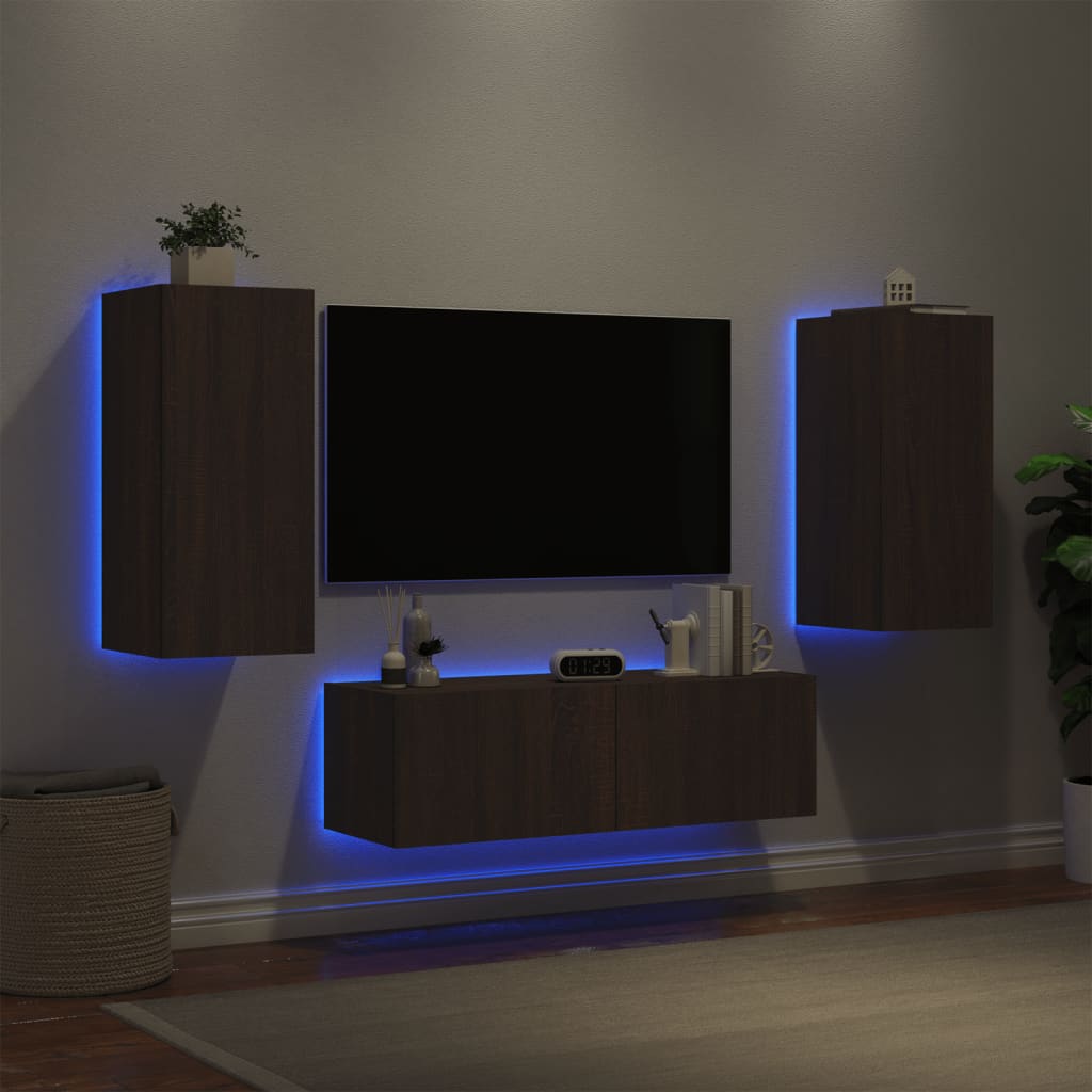 vidaXL 3 pcs móveis de parede para TV com luzes LED carvalho castanho
