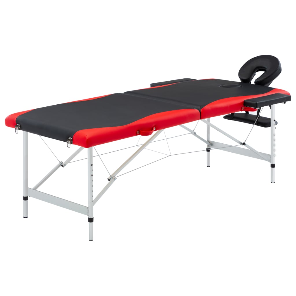 vidaXL Mesa de massagem dobrável 2 zonas alumínio preto e vermelho