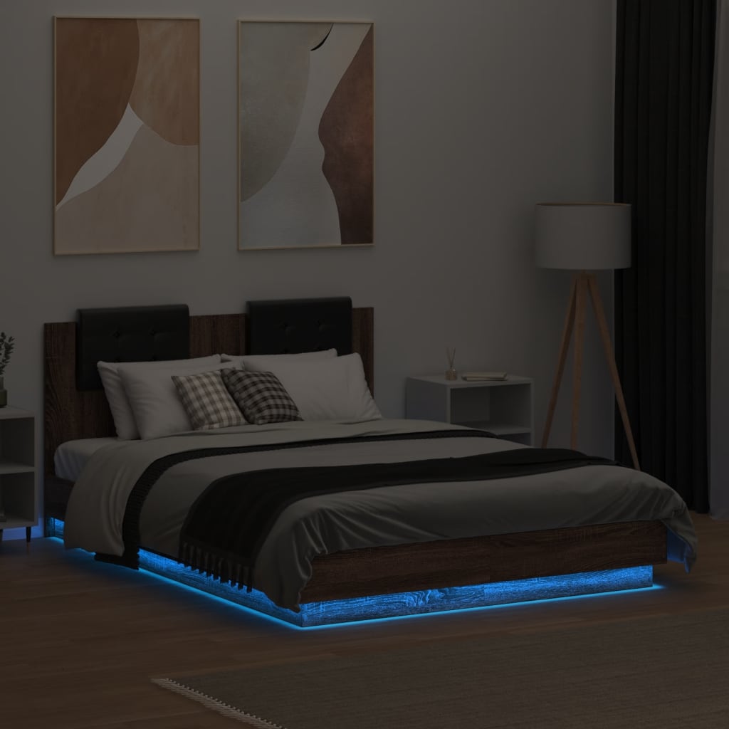 vidaXL Estrutura cama cabeceira/luzes LED 120x190 cm carvalho castanho