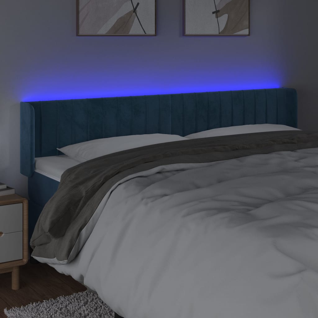 vidaXL Cabeceira cama c/ luzes LED veludo 183x16x78/88 cm azul-escuro