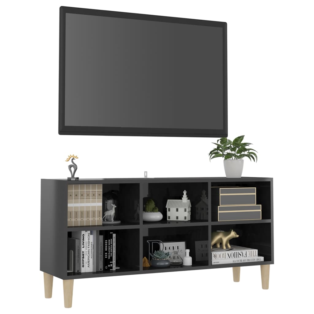 vidaXL Móvel de TV pernas de madeira 103,5x30x50 cm cinzento brilhante