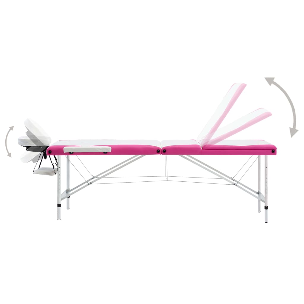 vidaXL Mesa de massagem dobrável 3 zonas alumínio branco e rosa