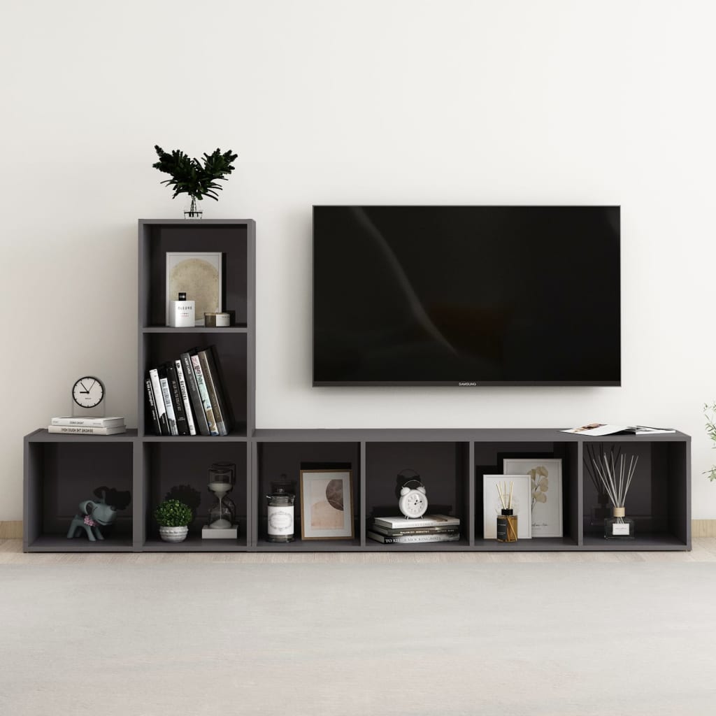 vidaXL 3 pcs conjunto de móveis de TV contraplacado cinzento brilhante