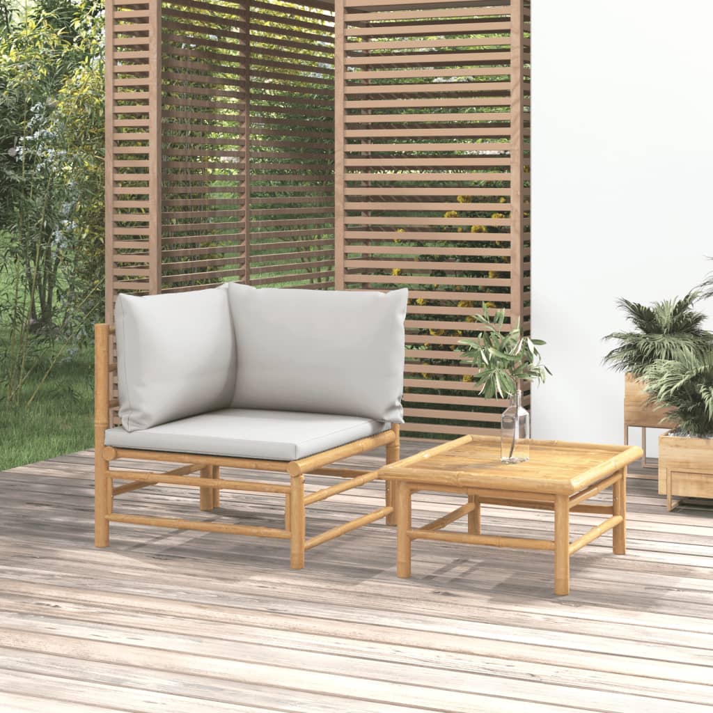 vidaXL 2 pcs conj. lounge de jardim bambu c/ almofadões cinzento-claro