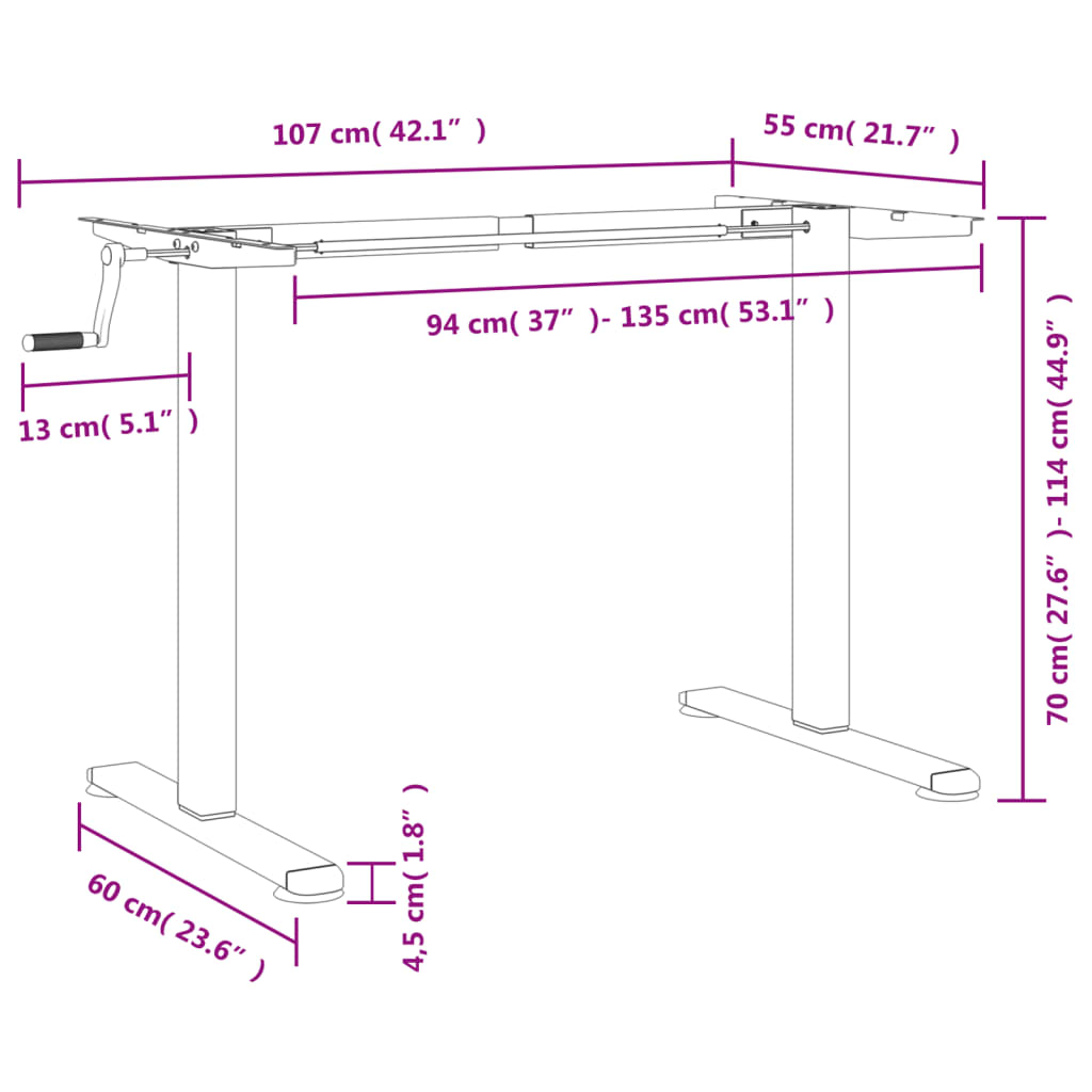 vidaXL Estrutura de secretária de pé (94-135)x60x(70-114)cm aço branco