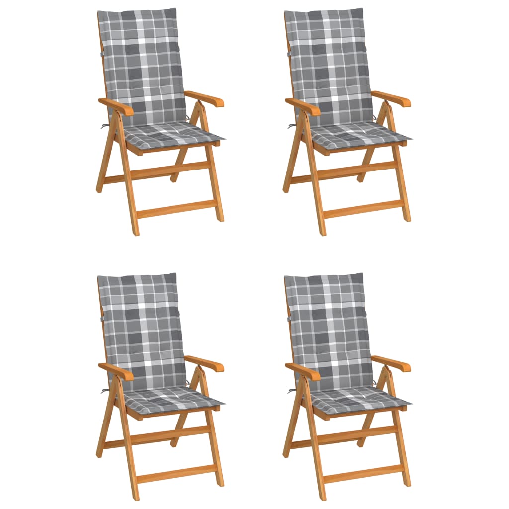 vidaXL Cadeiras jardim c/ almofadões xadrez cinzento 4 pcs teca maciça