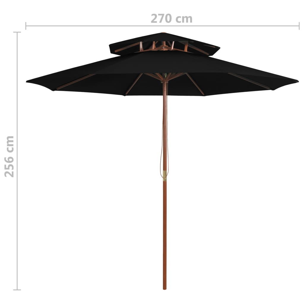 vidaXL Guarda-sol c/ 2 coberturas mastro em madeira 270 cm preto