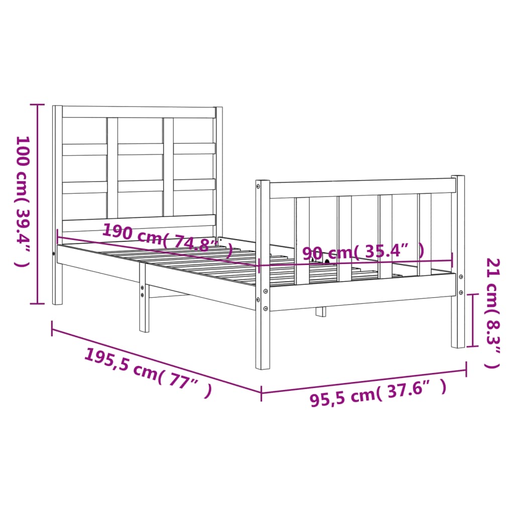 vidaXL Estrutura de cama com cabeceira 90x190 cm madeira maciça branco