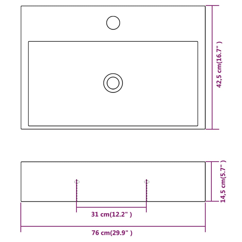 vidaXL Lavatório + abertura p/ torneira cerâmica branco 76x42,5x14,5cm