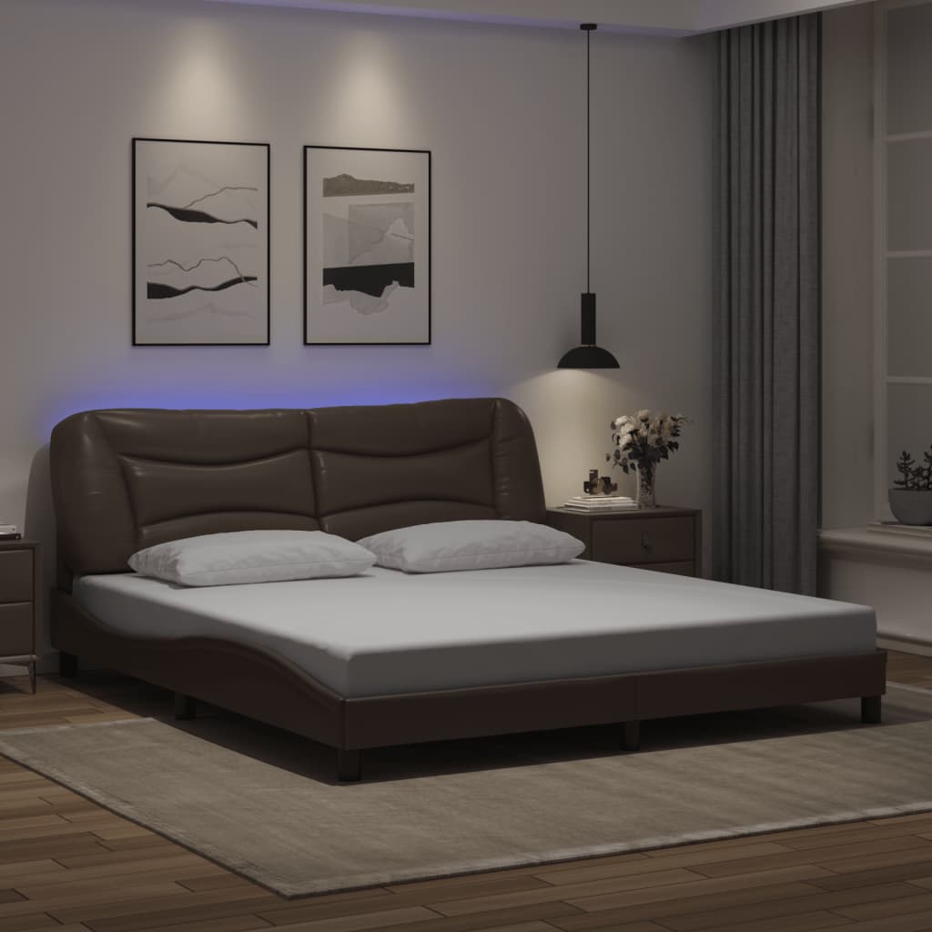 vidaXL Estrutura cama c/ luzes LED 180x200cm couro artificial castanho