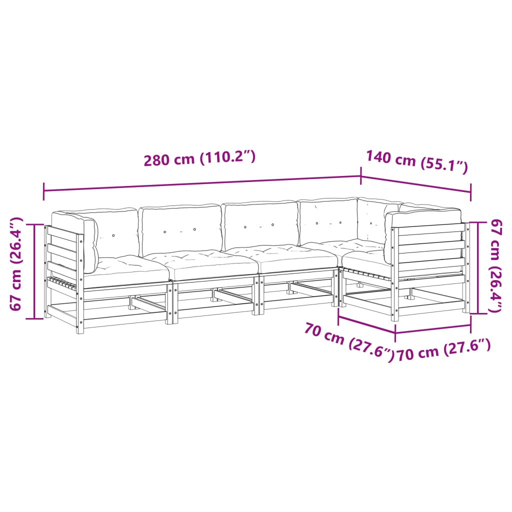 vidaXL 5 pcs conjunto sofás de jardim c/ almofadões pinho impregnado