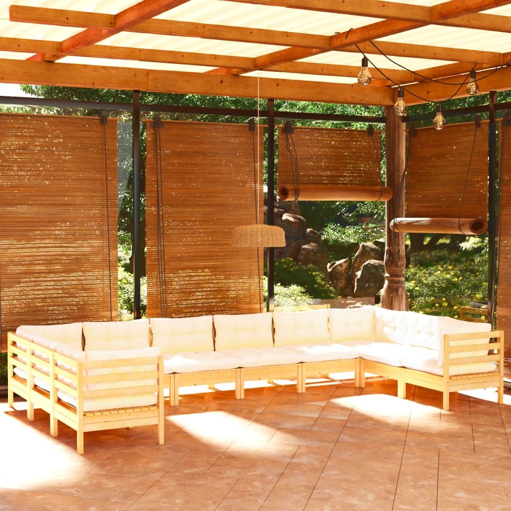 vidaXL 10 pcs conjunto lounge de jardim c/ almofadões cor creme pinho