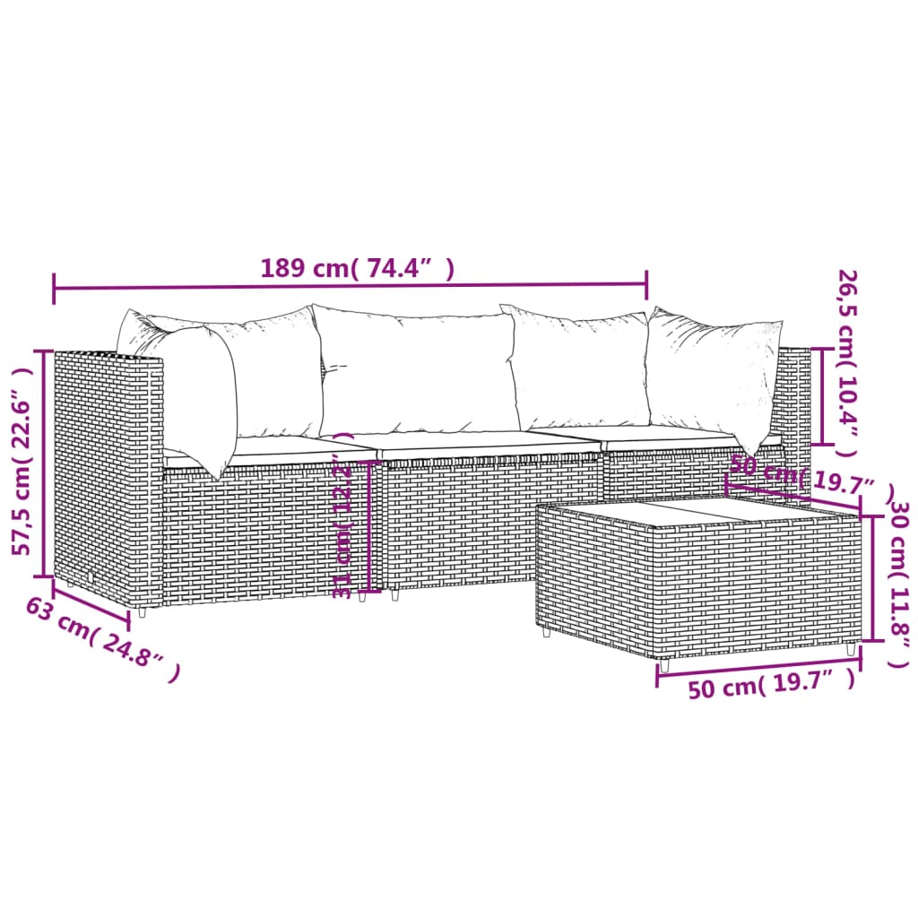 vidaXL 4 pcs conjunto lounge de jardim c/ almofadões vime PE cinzento