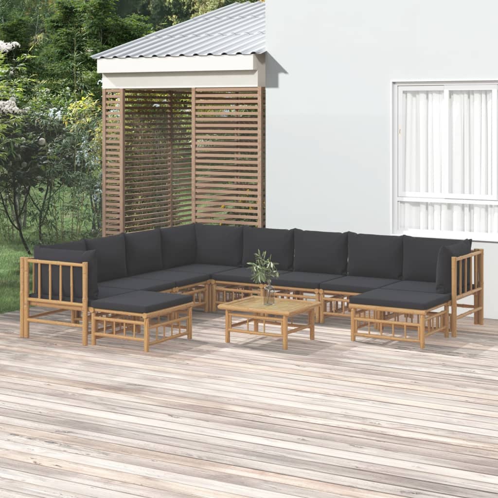 vidaXL 11pcs conj. lounge de jardim bambu + almofadões cinzento-escuro