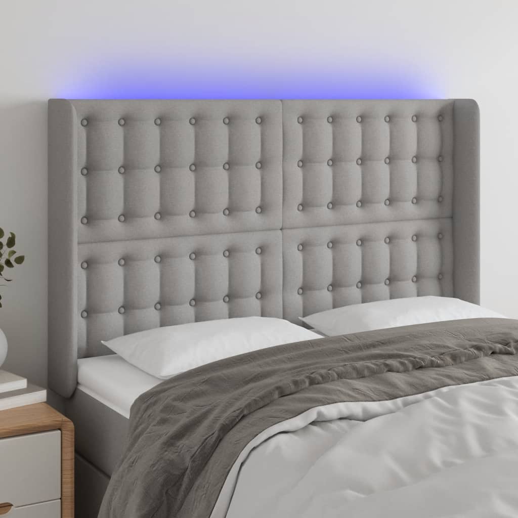 vidaXL Cabeceira cama c/ luzes LED tecido 147x16x118/128cm cinza-claro