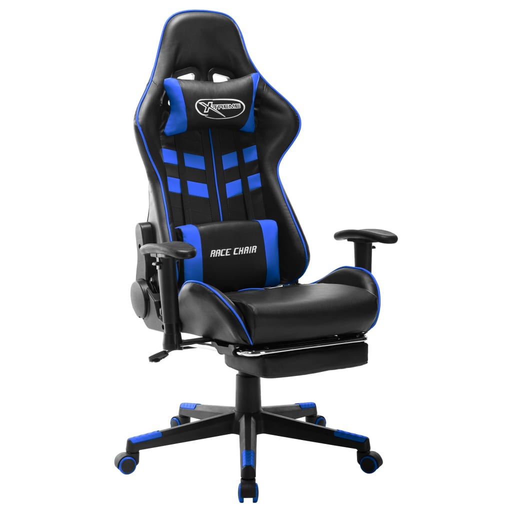 vidaXL Cadeira de gaming c/ apoio de pés couro artificial preto e azul