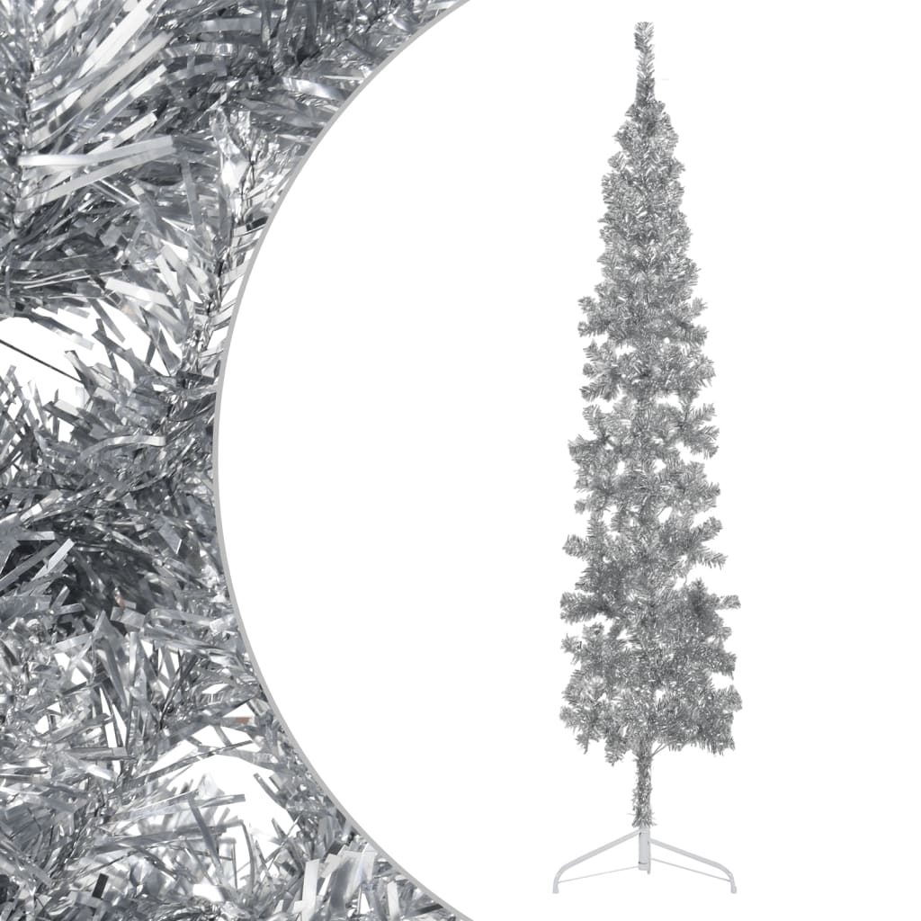 vidaXL Meia árvore de Natal fina com suporte 240 cm prateado