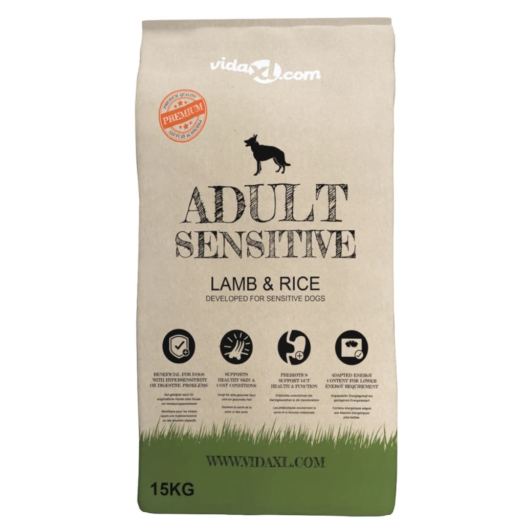 vidaXL Ração premium para cães Adult Sensitive Lamb & Rice 15 kg