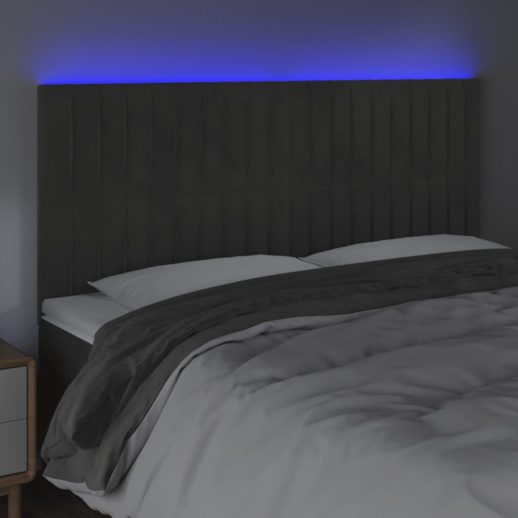 vidaXL Cabeceira de cama c/ LED veludo 200x5x118/128 cm cinza-escuro