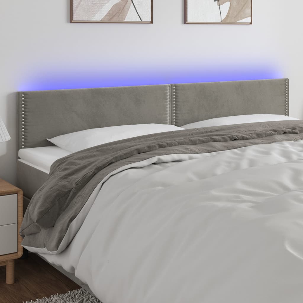 vidaXL Cabeceira de cama c/luzes LED veludo 180x5x78/88 cm cinza-claro