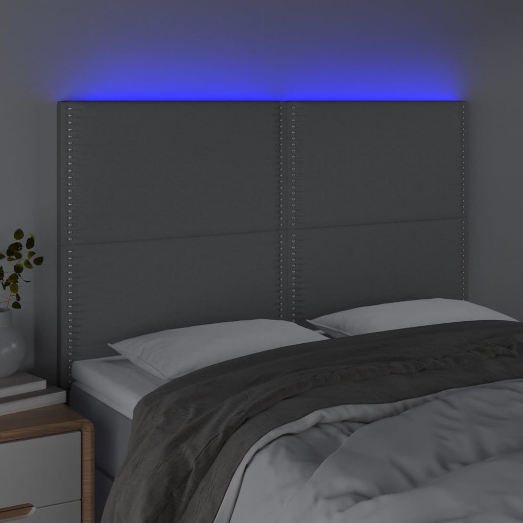vidaXL Cabeceira cama c/ luzes LED tecido 144x5x118/128cm cinza-claro