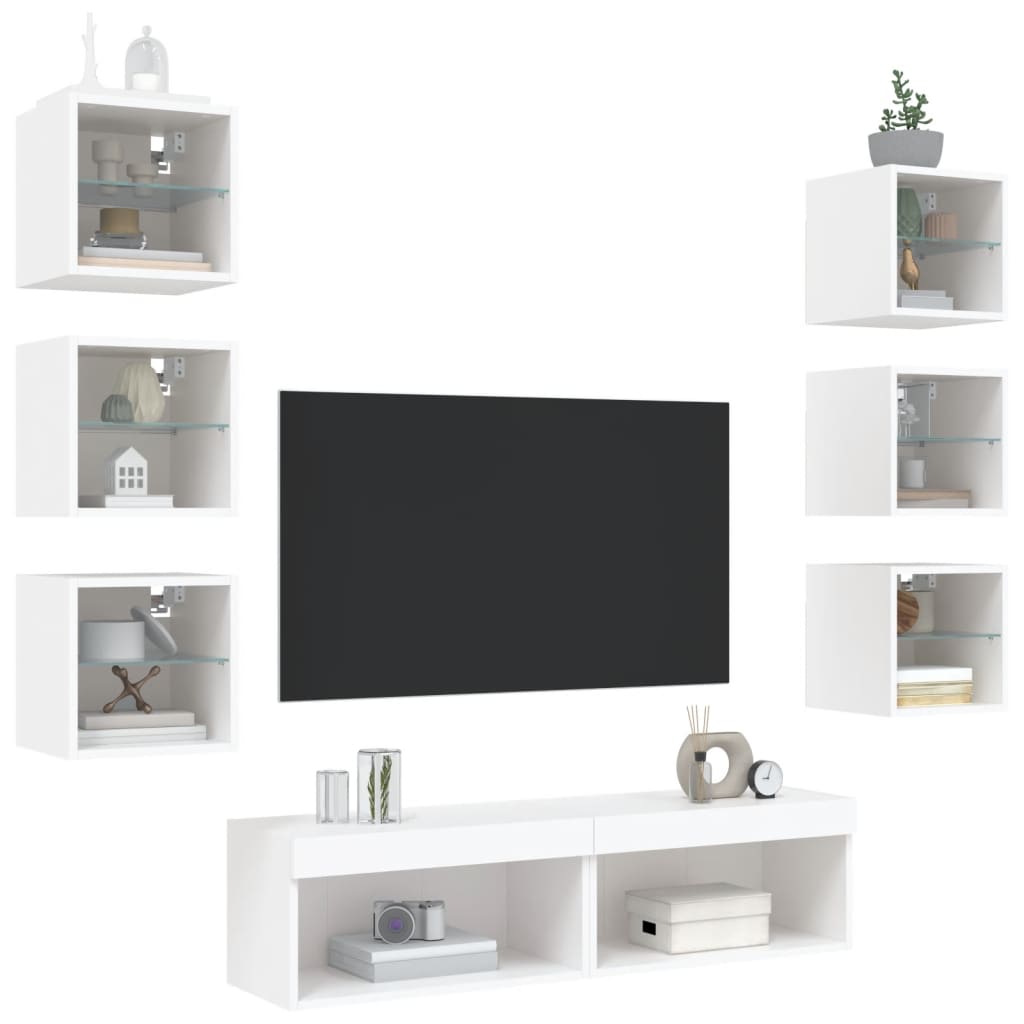 vidaXL 8pcs móveis de parede p/ TV c/ LEDs derivados de madeira branco