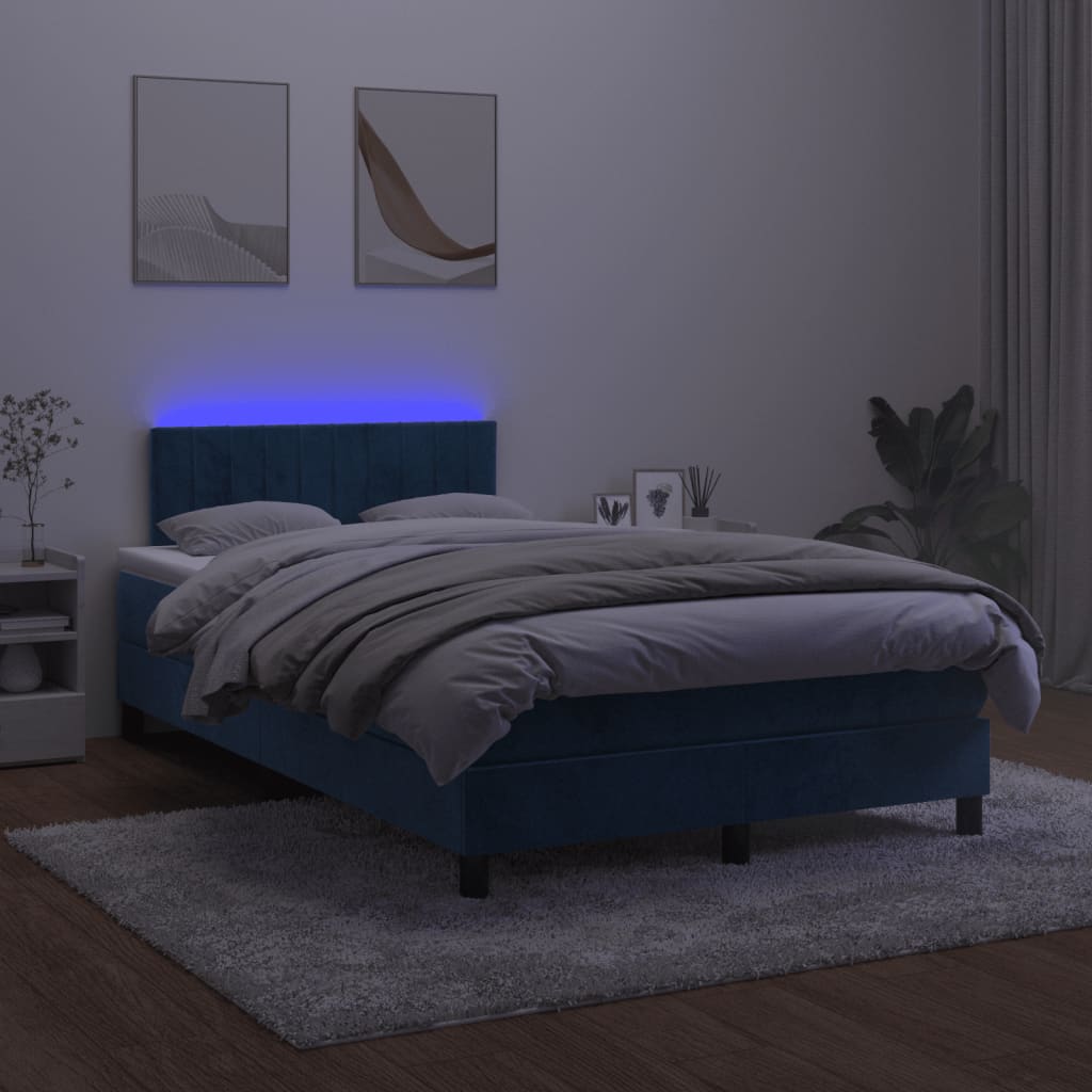 vidaXL Cama box spring colchão LED 120x190cm couro artif. azul-escuro