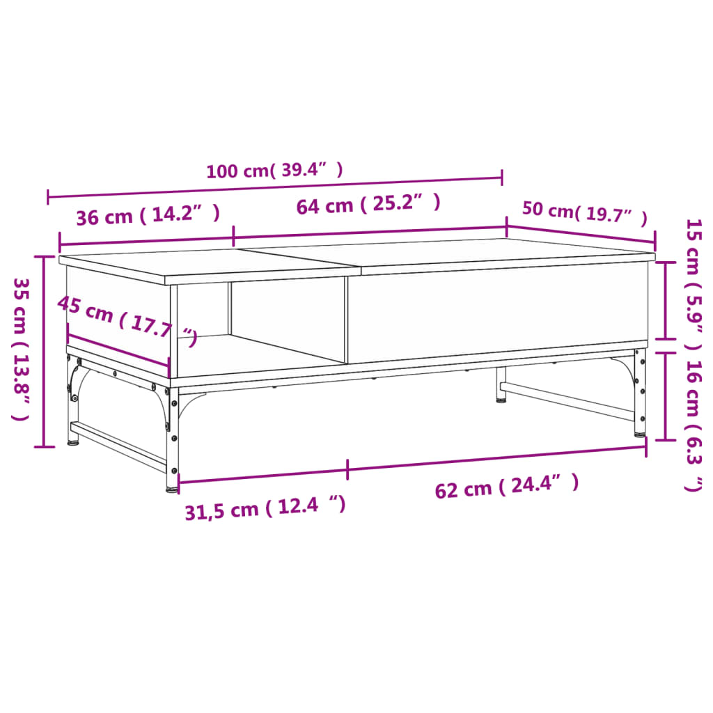 vidaXL Mesa de centro 100x50x35 cm derivados de madeira/metal preto