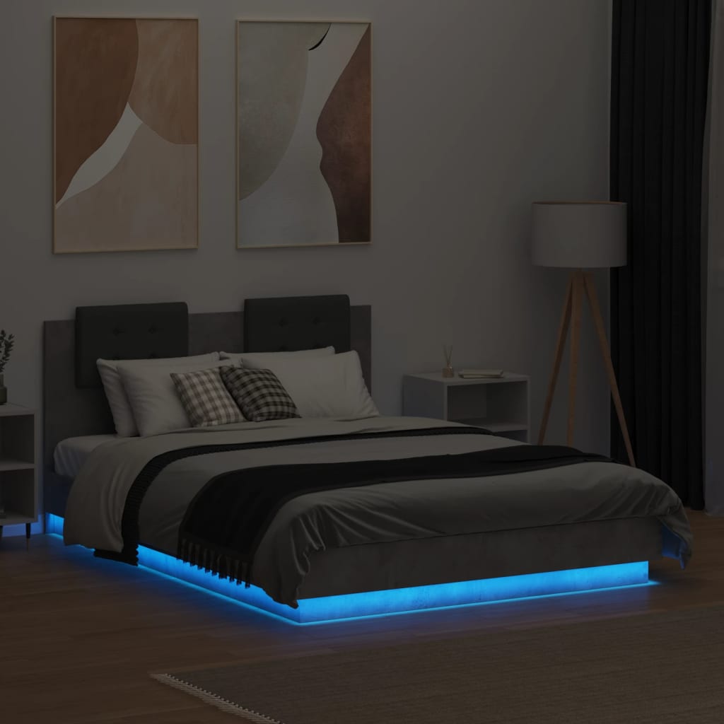 vidaXL Estrutura cama c/ cabeceira/luzes LED 120x190 cm cinza cimento